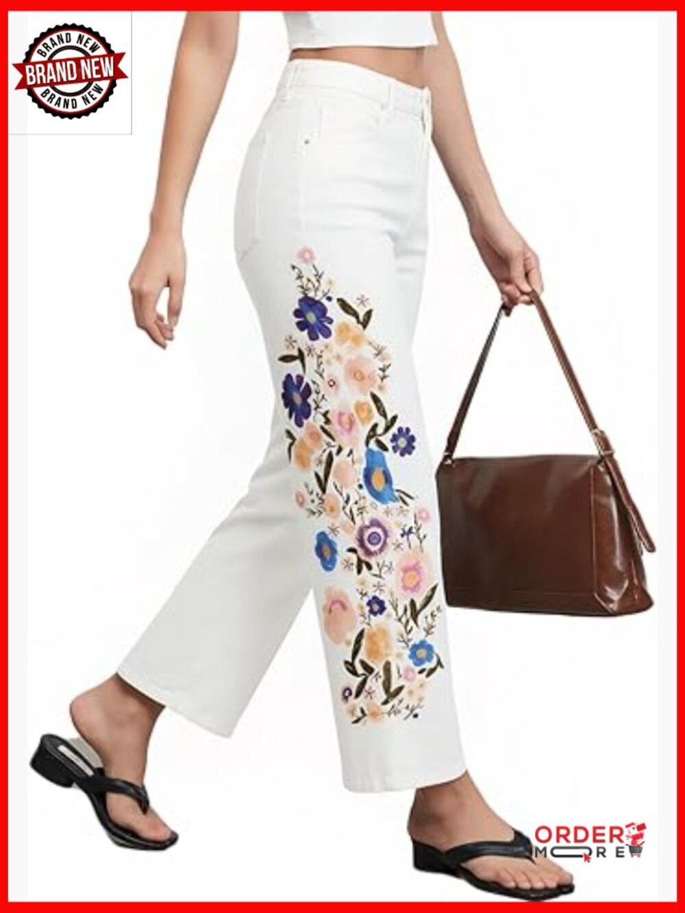 Straight Leg Crop Floral Boho Jeans Ankle Pants Mid Rise